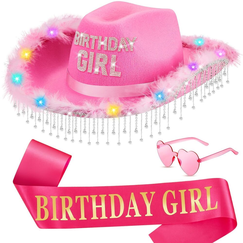 1332 3 Sets Cowgirl Hat Birthday Gifts LED Rhinestone Pink Birthday Hats